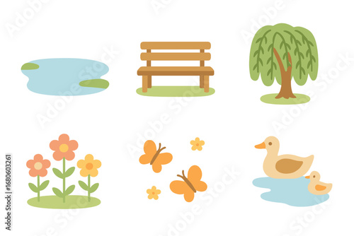 Peaceful Nature Icons. Flat vector mini-illustrations peaceful sanctuary in colors children's illustrations: calm lake, bench,