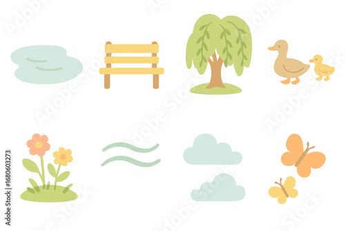 Peaceful Nature Icons. Flat vector mini-illustrations peaceful sanctuary in colors children's illustrations: calm lake, bench,