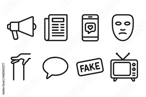 Misinformation Icon Set. Outline icon set of misinformation and propaganda: megaphone, newspaper, social media, mask, puppet