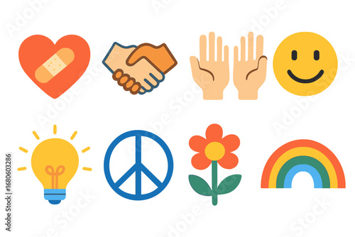 Peaceful Icon Grid. Flat vector mini-illustrations punishment and forgiveness in colors children's illustrations: heart with