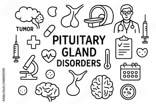 Pituitary Gland Icons. Hand-drawn doodle illustration pituitary gland disorders tumor, pituitary gland, MRI scanner, doctor,