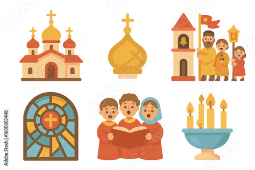 Orthodox Church Icons. Flat vector mini-illustrations Eastern Orthodox church in colors children's illustrations: church building,