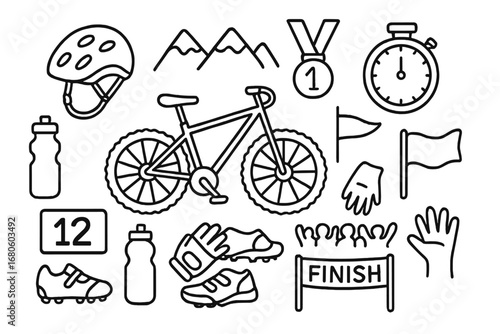 Mountain Bike Icons. Hand-drawn doodle illustration Mountain biking competition bike, stopwatch, medal, helmet, racing number,