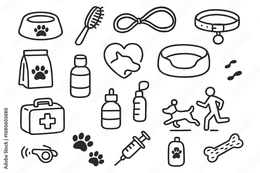 Fototapeta premium Pet Care Essentials. Hand-drawn doodle illustration family pet care pet bowl, grooming brush, leash, collar, food bag, vet icon,