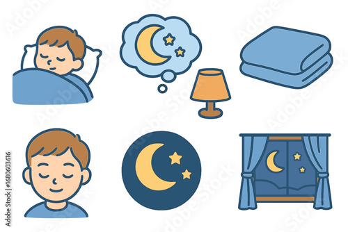 Peaceful Sleep Icons. Flat vector mini-illustrations mental breakdown and sleep in colors children's illustrations: sleeping child