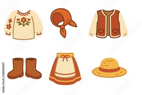 Peasant Clothing Icons. Flat vector mini-illustrations peasant clothing in colors children's illustrations: embroidered blouse,