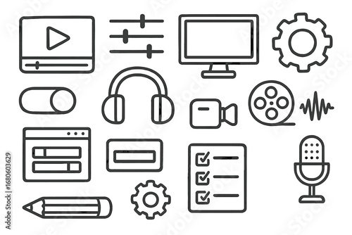 Multimedia Tools Doodle. Hand-drawn doodle illustration video preset play button, timeline, sliders, computer screen, gear, toggle