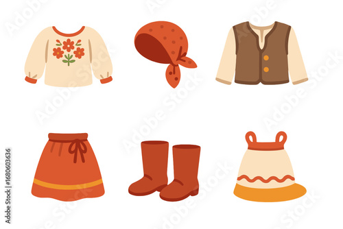 Peasant Clothing Icons. Flat vector mini-illustrations peasant clothing in colors children's illustrations: embroidered blouse,