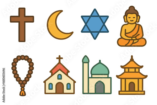 Religious Symbols Icons. Flat vector mini-illustrations religious symbols in colors children's illustrations: cross, crescent moon