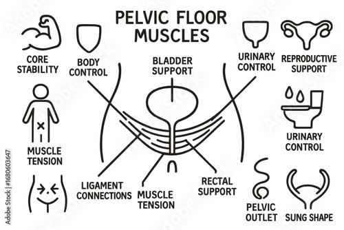 Pelvic Floor Anatomy. Hand-drawn doodle illustration pelvic floor muscles pelvic base, muscle lines, bladder support, rectal