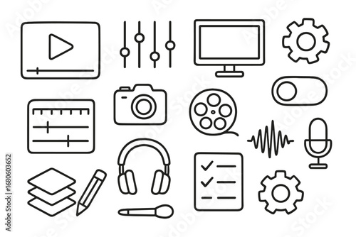 Multimedia Tools Doodle. Hand-drawn doodle illustration video preset play button, timeline, sliders, computer screen, gear, toggle