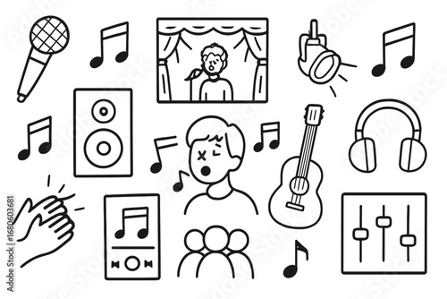 Music Doodle Elements. Hand-drawn doodle illustration sing stores microphone, music notes, stage, spotlight, speaker, sheet music,