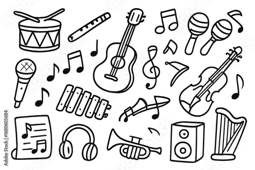 Music Doodle Icons. Hand-drawn doodle illustration Cultural music symbols drum, flute, guitar, tambourine, microphone, musical