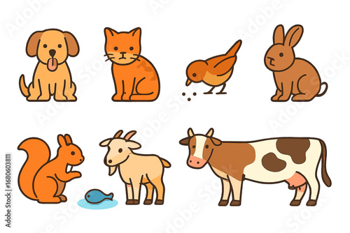 Playful Animal Icons. Flat vector mini-illustrations hunger and animals in colors children's illustrations: hungry dog, stray cat,
