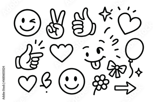 Playful Doodle Icons. Hand-drawn doodle illustration winking playful gestures wink eye, peace sign, thumbs up, tongue out, finger