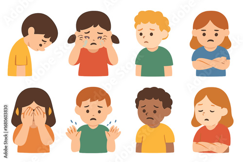 Sadness Gesture Icons. Flat vector mini-illustrations sadness gestures in colors children's illustrations: bowed head, wiping