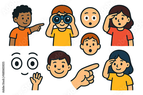 Playful Expressions Grid. Flat vector mini-illustrations view gestures and expressions in colors children's illustrations: person