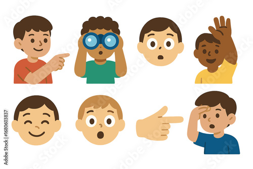 Playful Expressions Grid. Flat vector mini-illustrations view gestures and expressions in colors children's illustrations: person