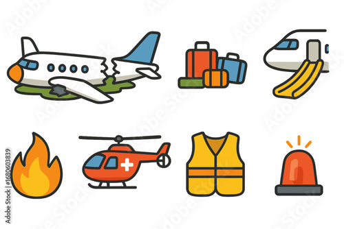Plane Rescue Icons. Flat vector mini-illustrations plane wreck in colors children's illustrations: crashed airplane, broken wings,