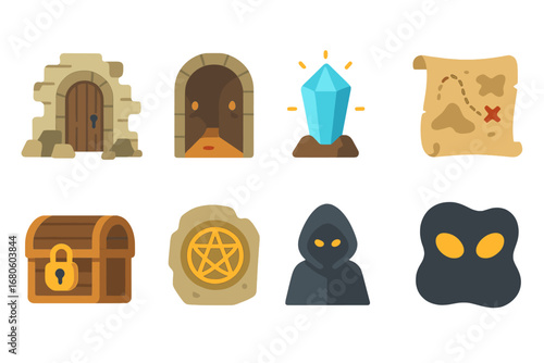 Mystery Icons for Kids. Flat vector mini-illustrations ruin and mystery in colors children's illustrations: hidden door, secret