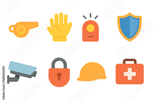 Safety and Law Icons. Flat vector mini-illustrations abuse and safety tools in colors children's illustrations: safety whistle,