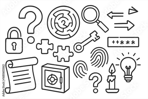 Mystery Puzzle Elements. Hand-drawn doodle illustration enigma mystery question mark, maze, magnifying glass, shadow, lock, key,
