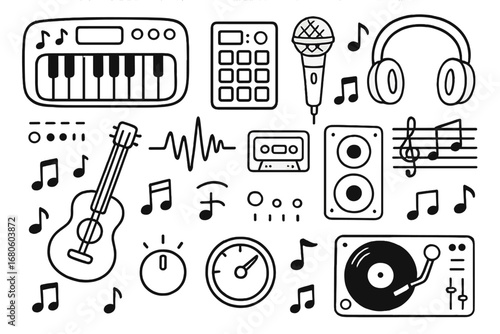 Musical Toys Icons. Hand-drawn doodle illustration Electronic musical toys keyboard, drum machine, microphone, speaker, headphones