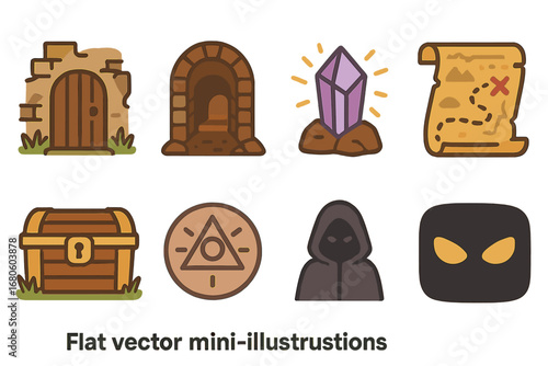 Mystery Icons for Kids. Flat vector mini-illustrations ruin and mystery in colors children's illustrations: hidden door, secret