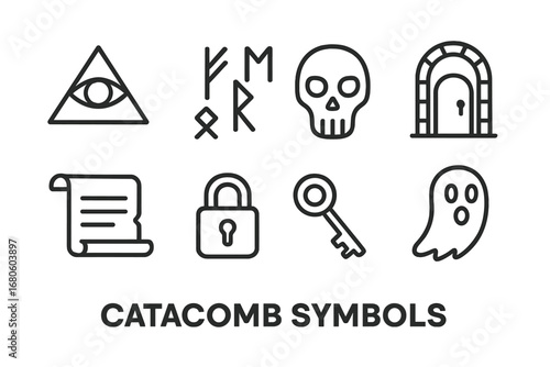 Mystical Catacomb Icons. Outline icon set of mysterious catacomb symbols: eye symbol, cryptic runes, skull mask, secret door,