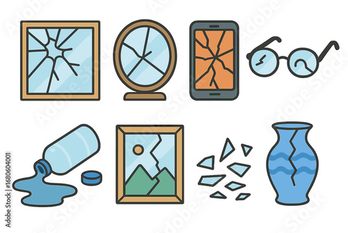 Shattered Objects Grid. Flat vector mini-illustrations shattered glass in colors children's illustrations: broken window, cracked