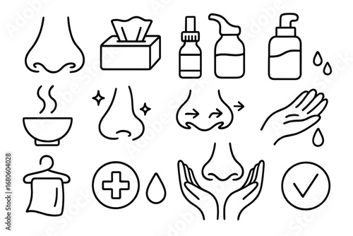 Nasal Care Doodle Icons. Hand-drawn doodle illustration nasal care nose, tissue, nasal spray, rinse bottle, steam icon, clean