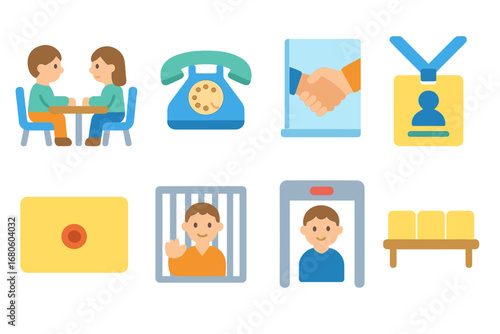 Prison Visit Icons. Flat vector mini-illustrations prison visits and communication in colors children's illustrations: visiting