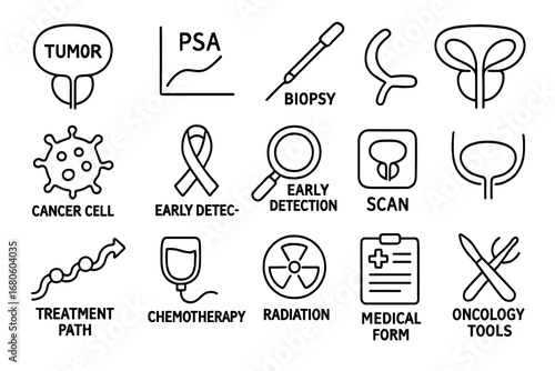 Prostate Cancer Awareness Icons. Hand-drawn doodle illustration prostate cancer tumor icon, PSA level chart, biopsy needle, gland