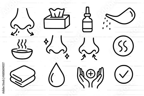 Nasal Care Doodle Icons. Hand-drawn doodle illustration nasal care nose, tissue, nasal spray, rinse bottle, steam icon, clean