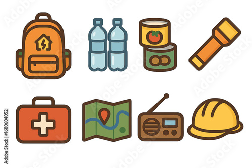 Quake Preparedness Icons. Flat vector mini-illustrations quake preparedness in colors children's illustrations: emergency backpack