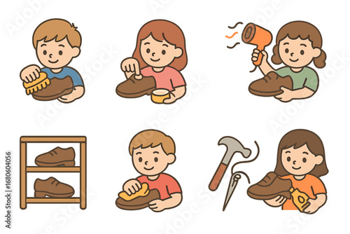 Shoe Care for Kids. Flat vector mini-illustrations shoe maintenance in colors children's illustrations: cleaning shoes, applying