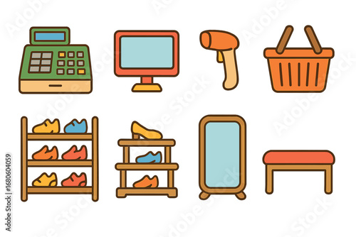 Shoe Store Essentials. Flat vector mini-illustrations shoe store equipment in colors children's illustrations: cash register,