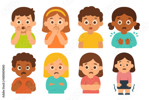 Shock Gesture Icons. Flat vector mini-illustrations shock gestures in colors children's illustrations: hands on cheeks, covering