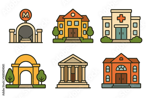 Public Entrances Icons. Flat vector mini-illustrations entrances in public places in colors children's illustrations: subway