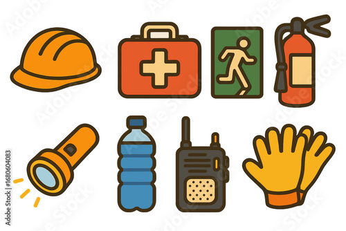 Quake Safety Icons. Flat vector mini-illustrations quake safety in colors children's illustrations: helmet, first aid kit,