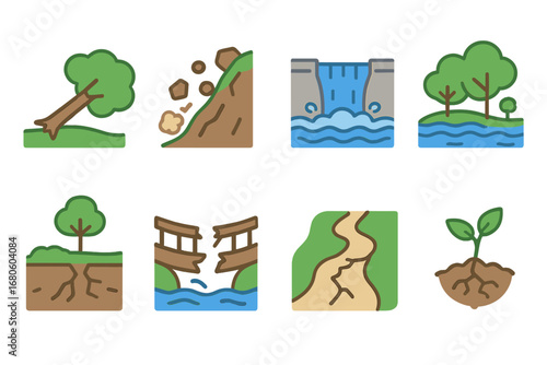 Nature Collapse Icons. Flat vector mini-illustrations collapse in nature settings in colors children's illustrations: tree falling