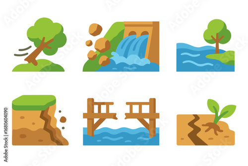 Nature Collapse Icons. Flat vector mini-illustrations collapse in nature settings in colors children's illustrations: tree falling