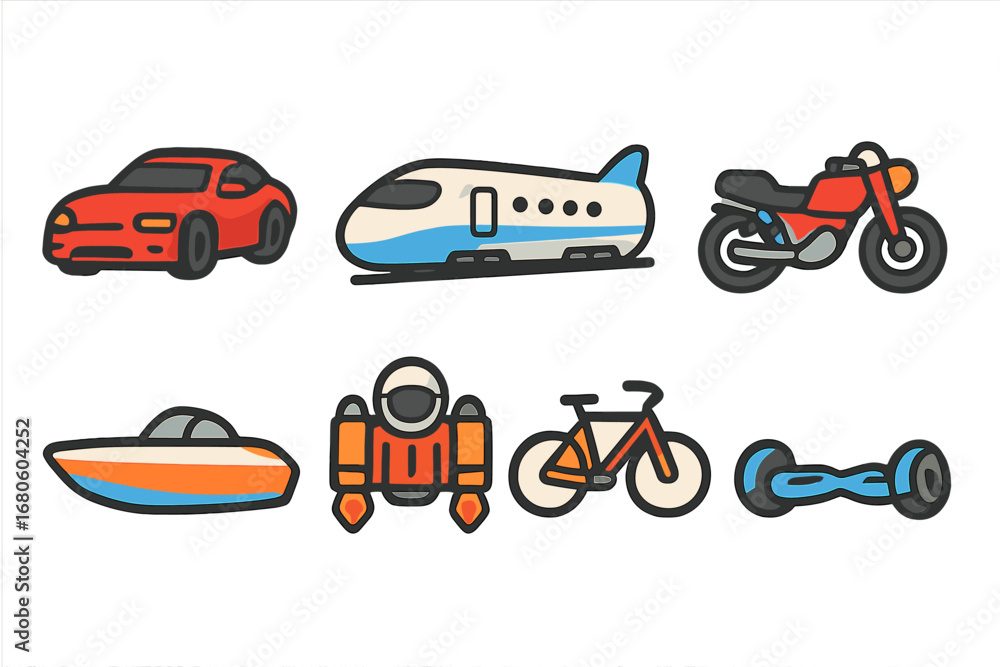 Fototapeta premium Speedy Transport Icons. Flat vector mini-illustrations transportation speed in colors children's illustrations: sports car, bullet