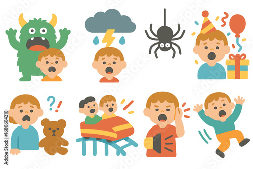 Reasons to Scream Icons. Flat vector mini-illustrations reasons to scream in colors children's illustrations: scary monster,