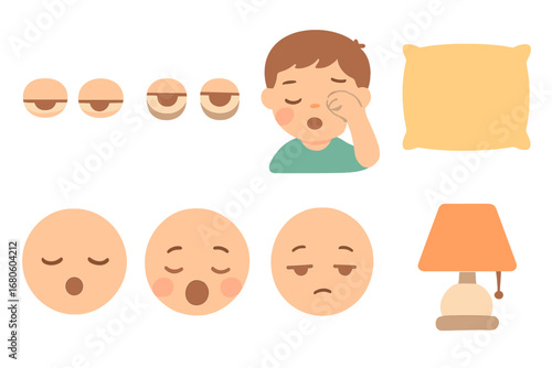 Sleepy Eyes Icons. Flat vector mini-illustrations tired eyes in colors children's illustrations: half-closed eyes, dark circles,