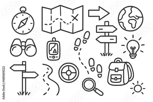 Navigation Tools Doodle. Hand-drawn doodle illustration find direction compass, map, arrow, road sign, binoculars, GPS device,