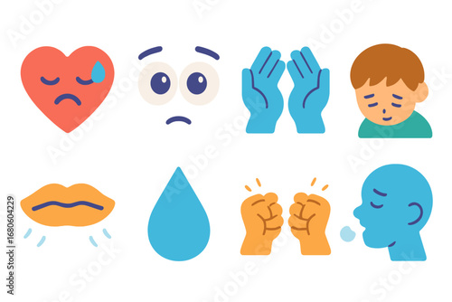 Regret Emotions Icons. Flat vector mini-illustrations regret emotions in colors children's illustrations: heavy heart, worried