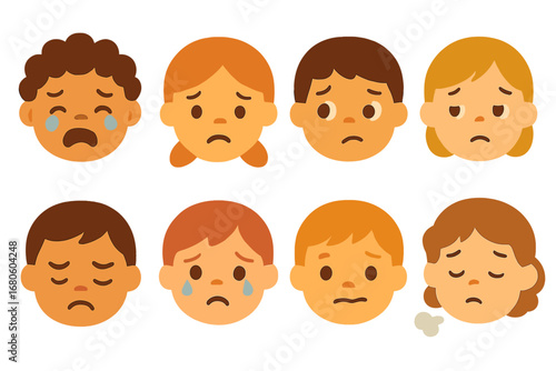 Sorrowful Faces Icons. Flat vector mini-illustrations sorrowful faces and expressions in colors children's illustrations: crying