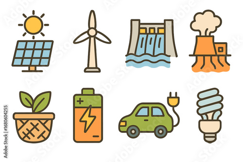 Renewable Energy Icons. Flat vector mini-illustrations renewable energy in colors children's illustrations: solar panel, wind