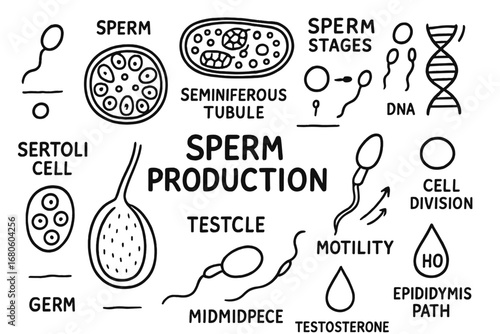 Sperm Production Diagram. Hand-drawn doodle illustration sperm production sperm icon, seminiferous tubule, sperm stages, DNA